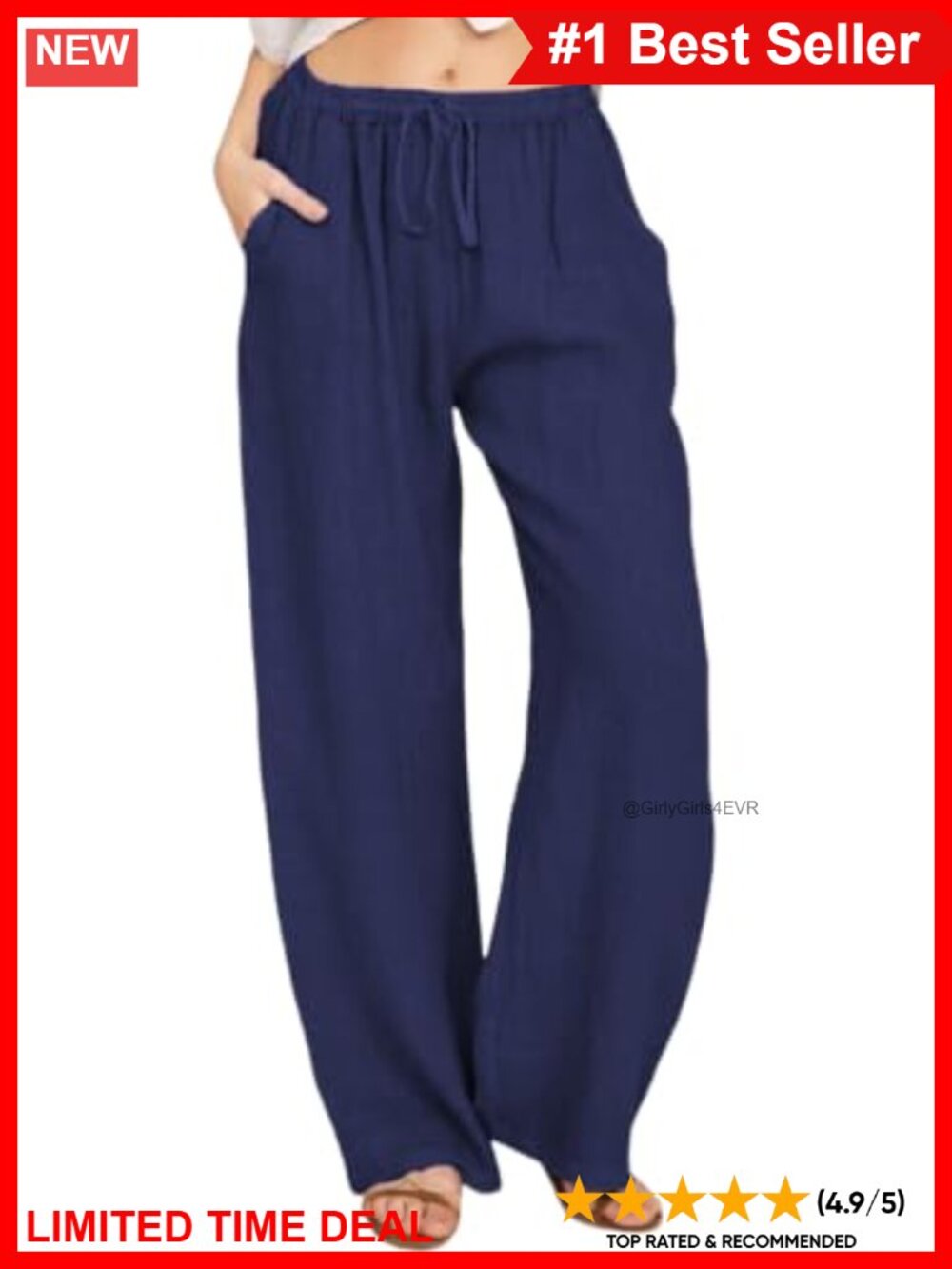 Women Summer Cotton Linen Wide Leg Palazzo Pants Drawstring Beach Casual